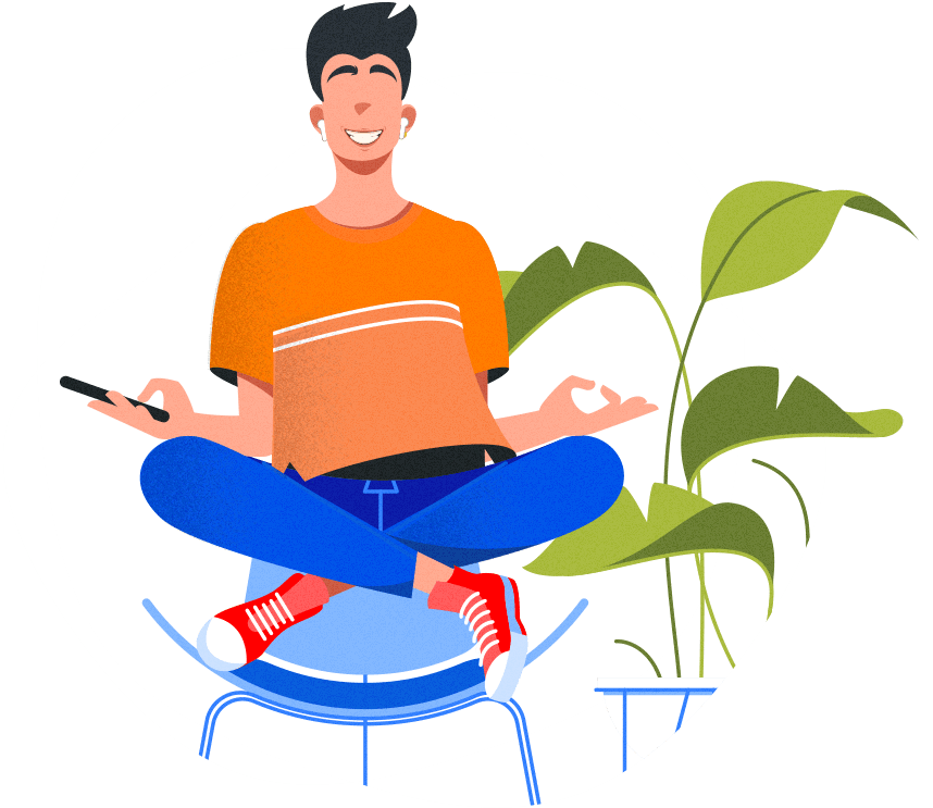 Cartoon graphic of a smiling guy in a zen pose